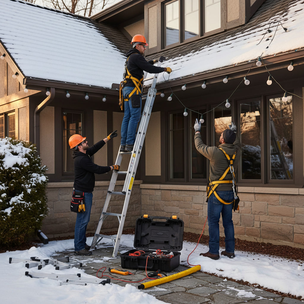 Holiday lights being installed on Patchogue home roofline in November