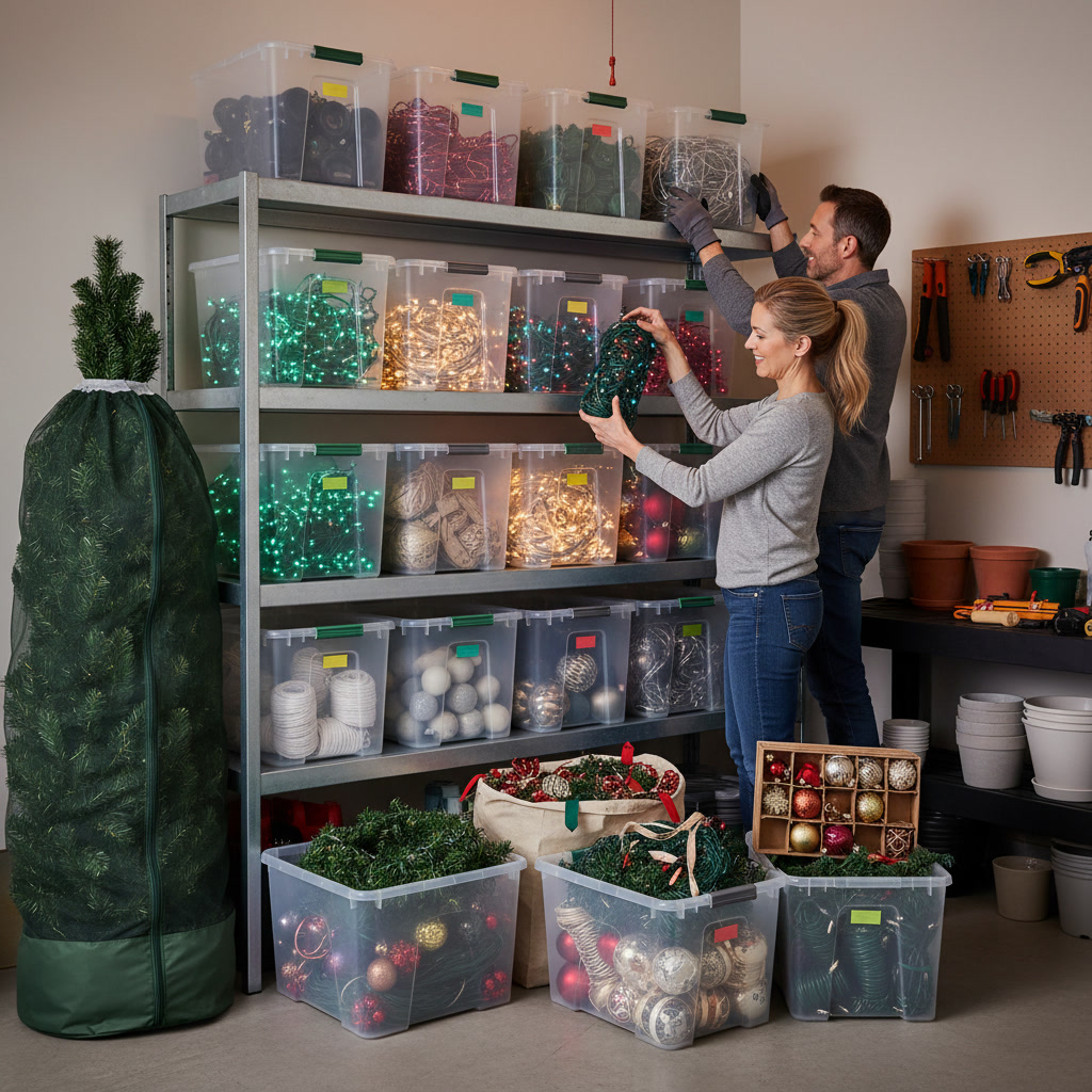 Organized christmas light storage bins and reels for Patchogue homeowners