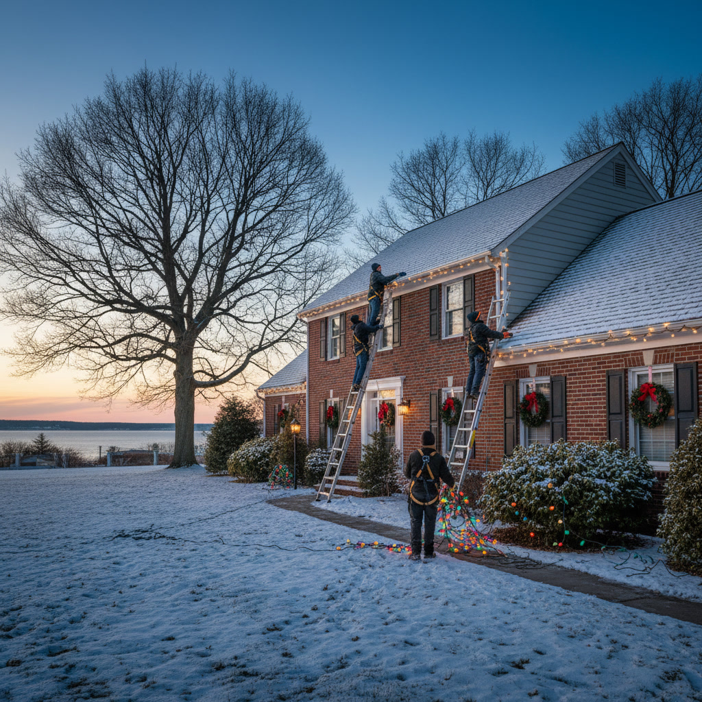 Beautiful christmas light display on Patchogue home exterior at dusk