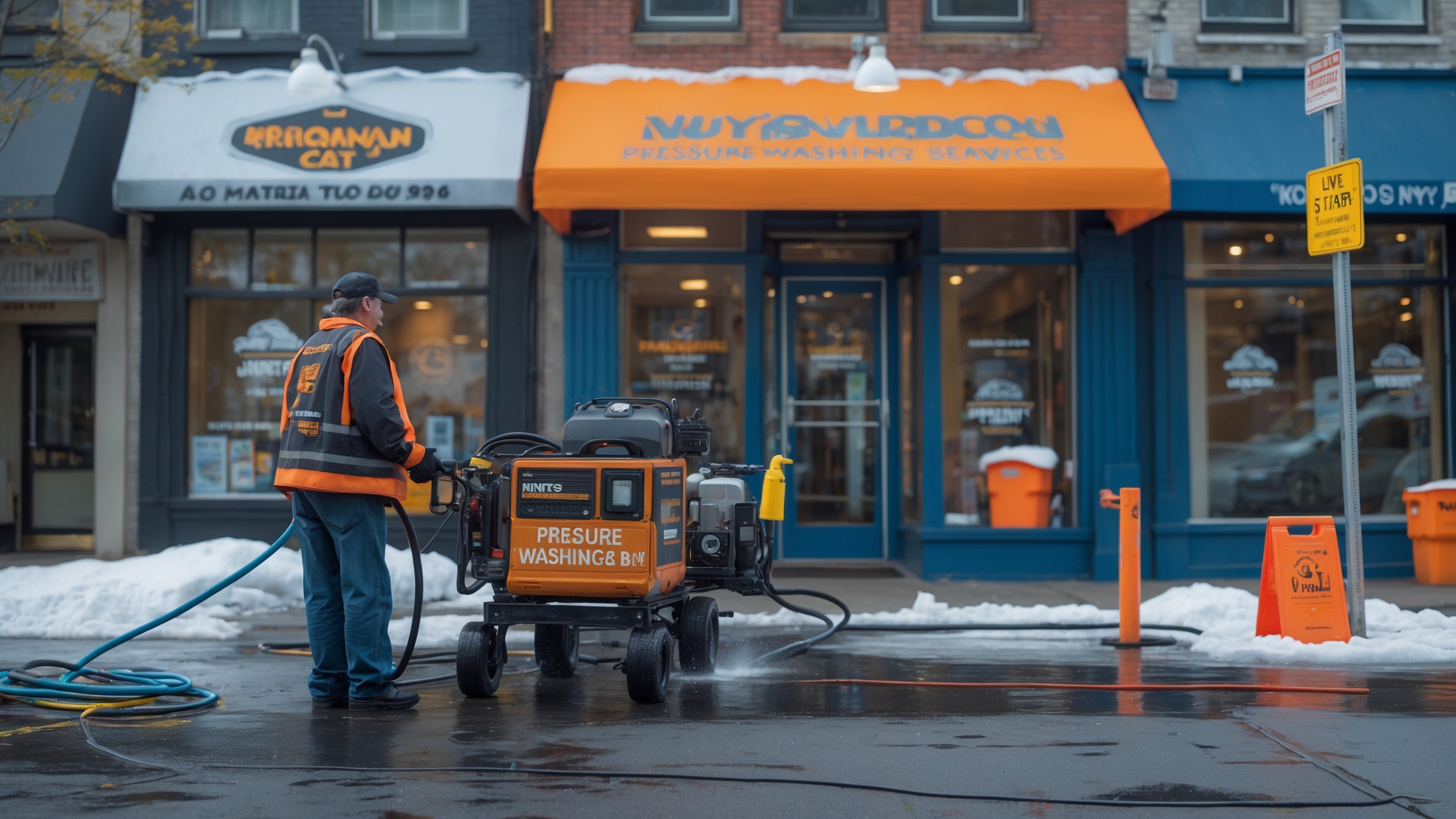 professional pressure washer cleaning residential driveway in Brookhaven NY