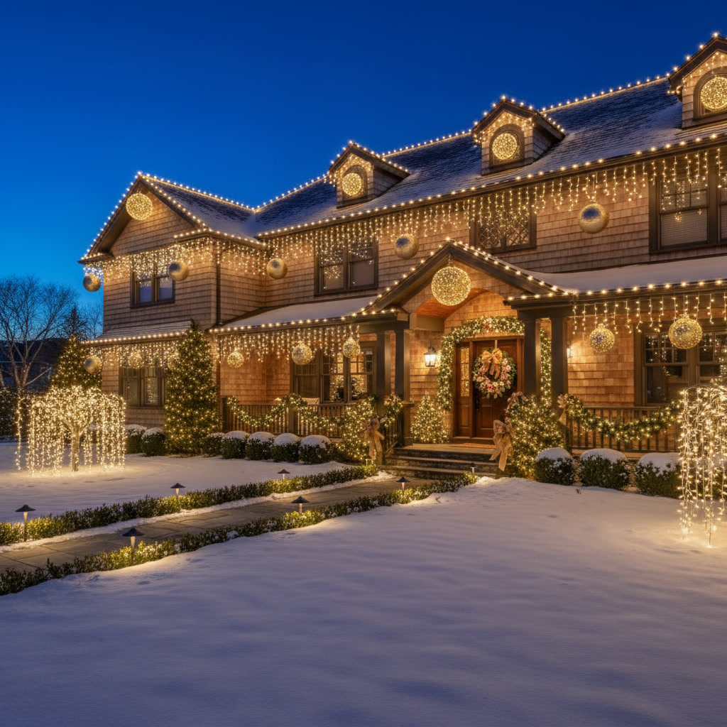 Warm white outdoor christmas lighting trends on Long Island home exterior