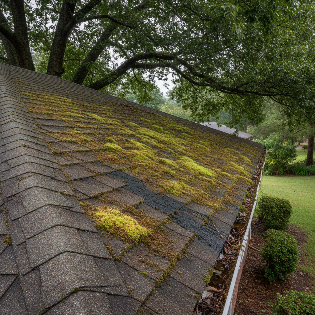 Close-up of moss and algae growth on asphalt roof shingles showing dark streaks and green patches