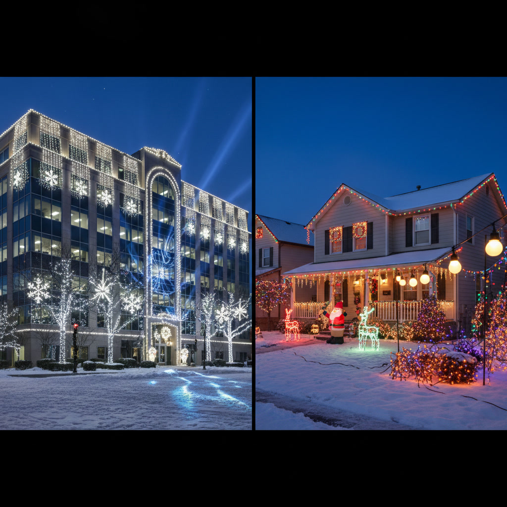 Commercial christmas lighting display on Shirley business storefront