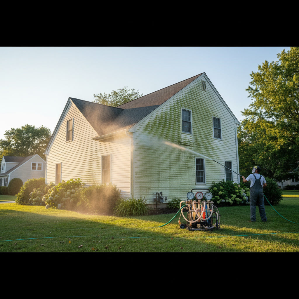soft washing equipment cleaning vinyl siding on East Patchogue home