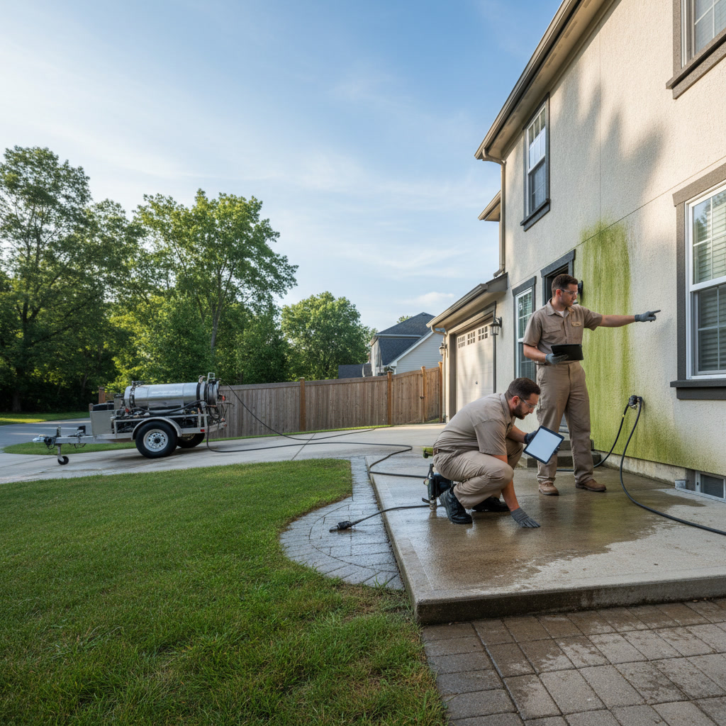 Professional technician inspecting home exterior before pressure washing service