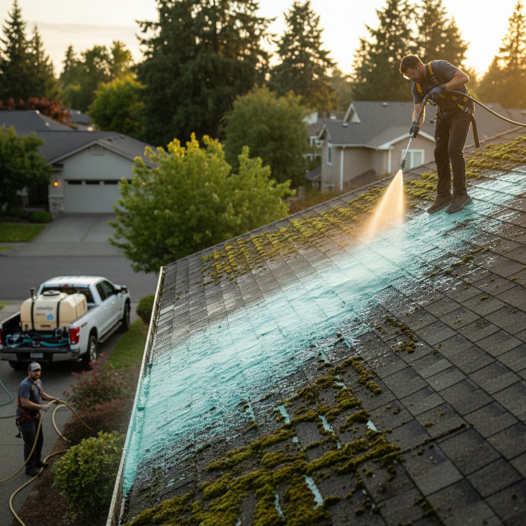 Professional soft washing equipment being used for safe roof moss algae removal on Long Island home