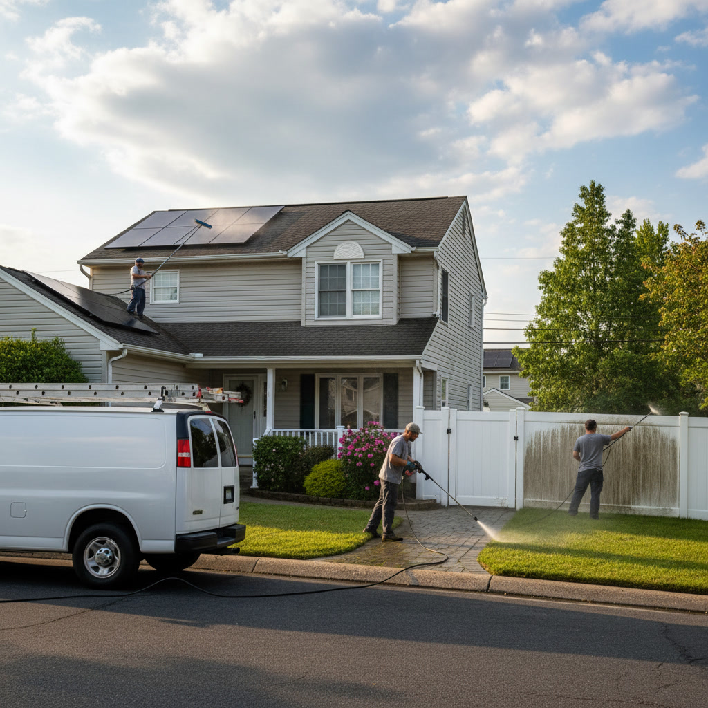 professional soft washing technician treating algae stains on two-story home exterior