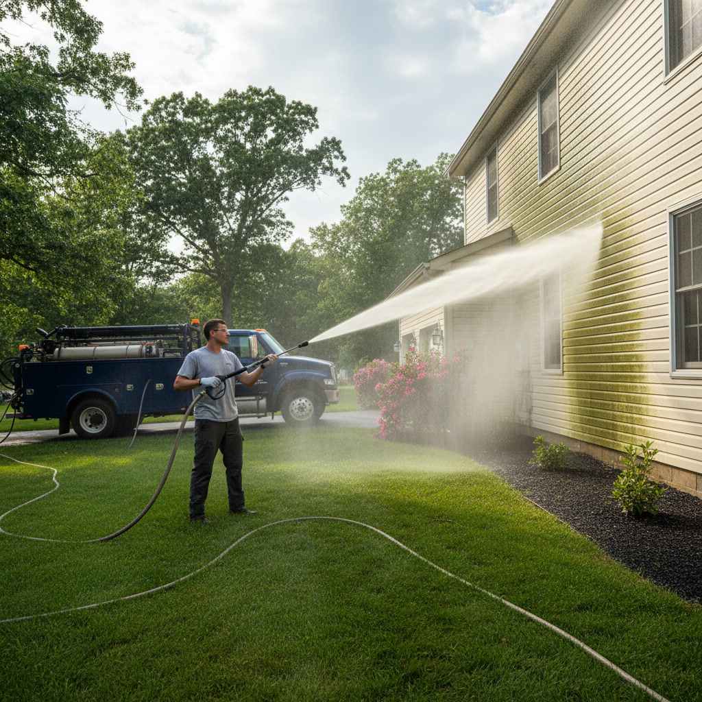 Pressure washing technician cleaning home siding with professional equipment