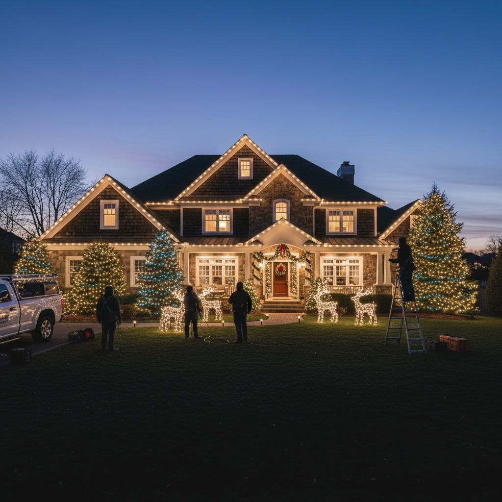 Professional christmas lighting installation on Long Island home 2024