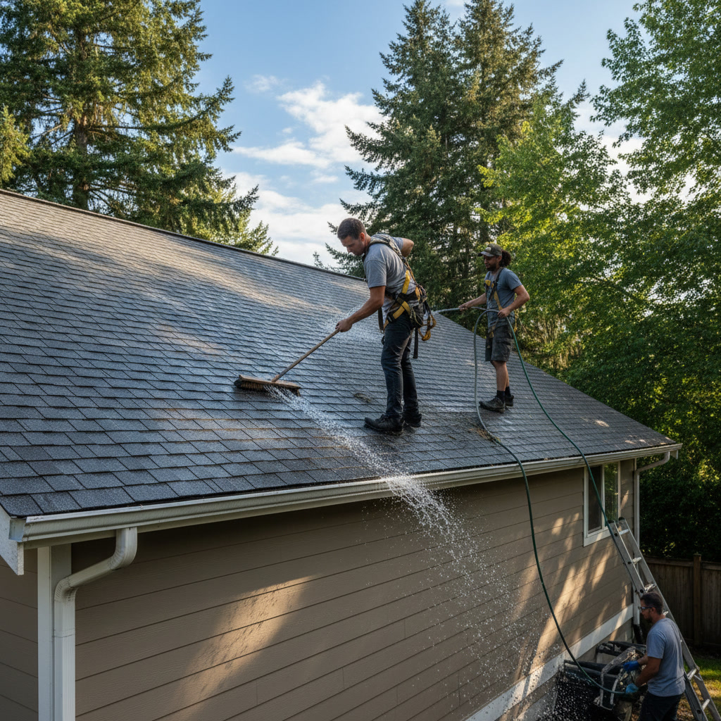 Clean roof after professional soft washing showing restored shingles without moss or algae damage