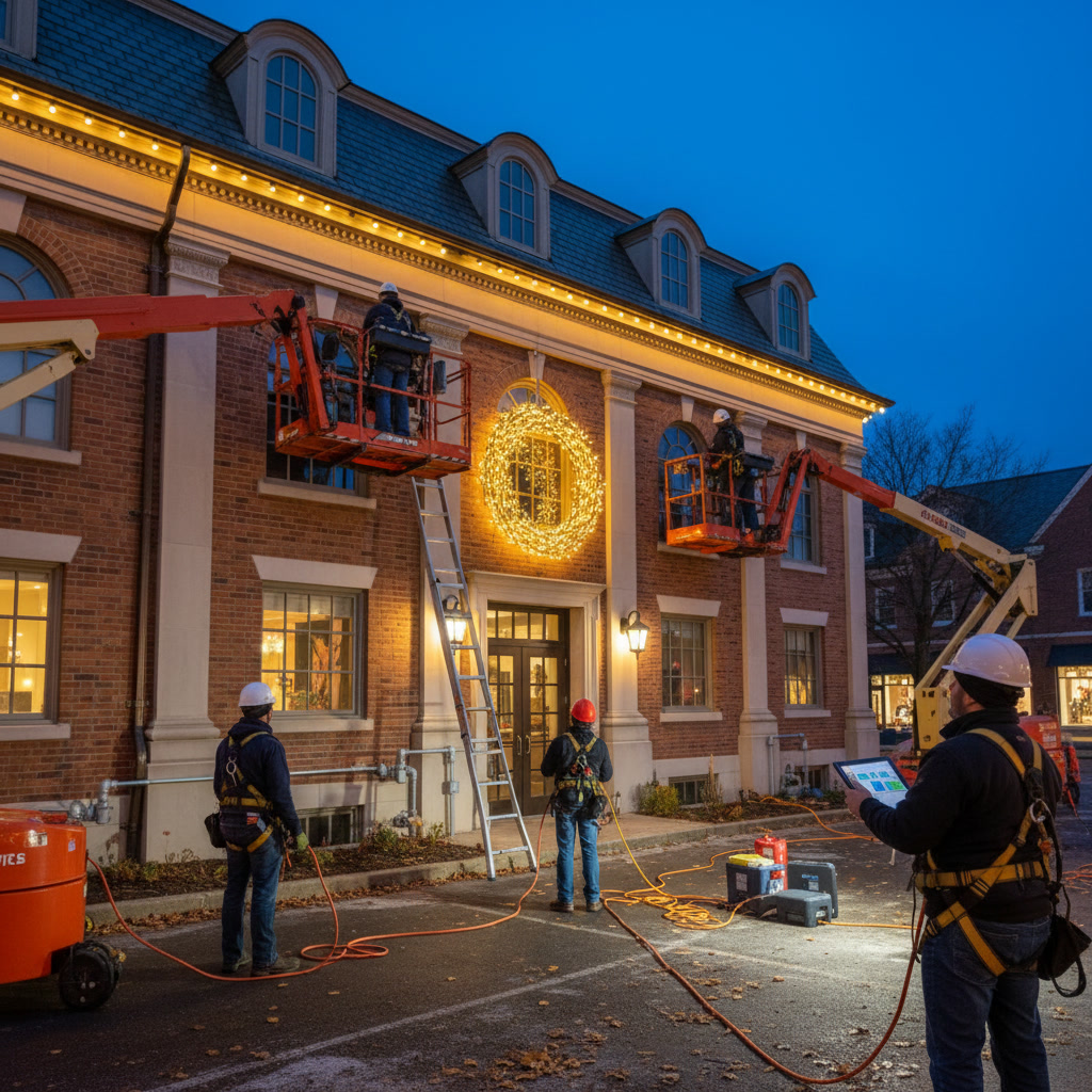 Commercial grade LED christmas lights being professionally installed