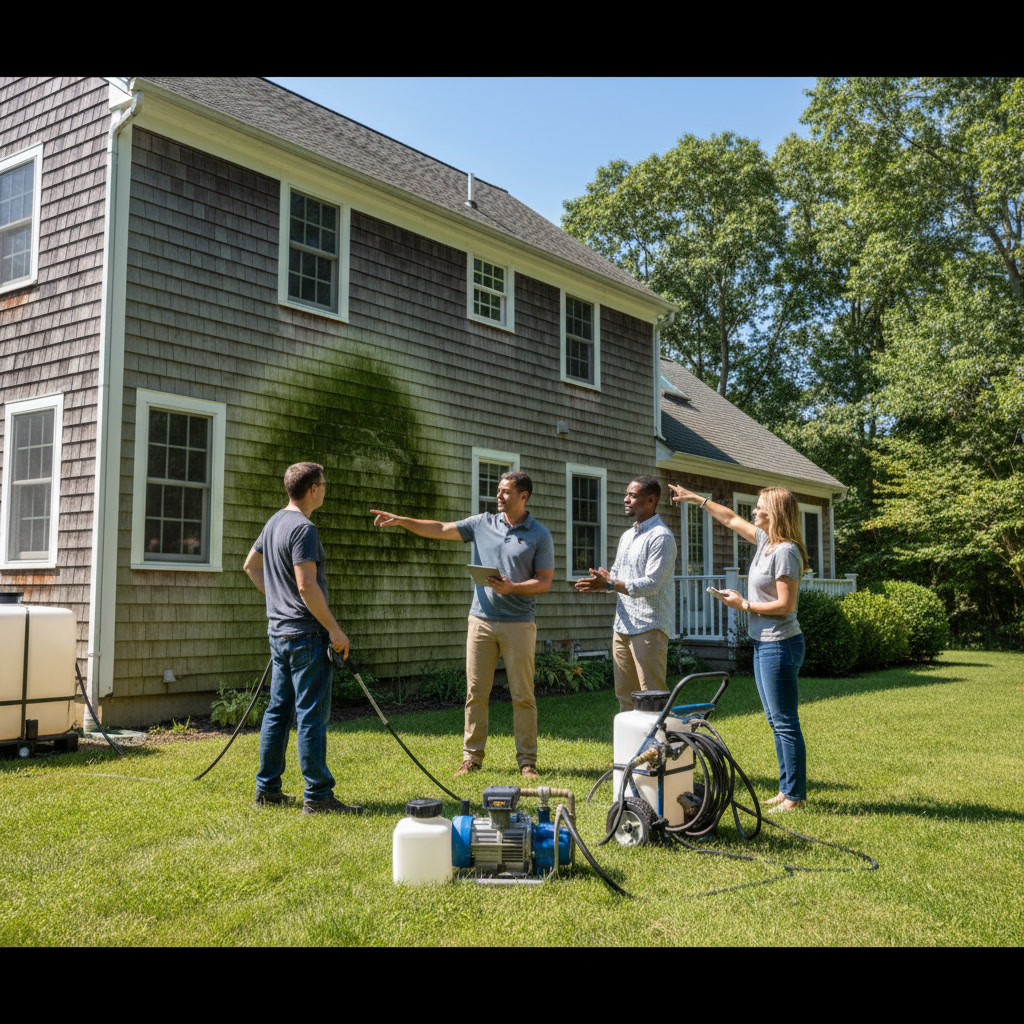 before and after comparison of soft washed vinyl siding showing algae removal results