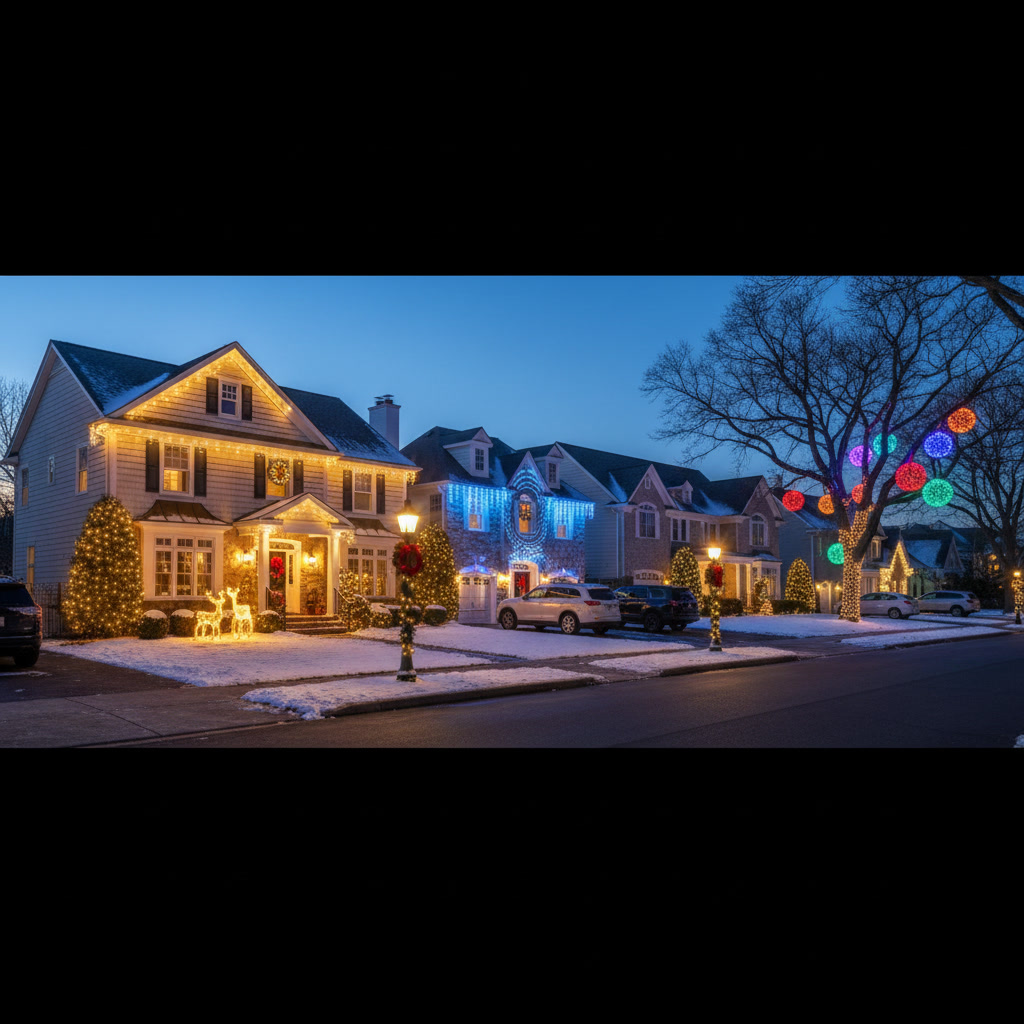 Modern outdoor christmas lighting trends on Long Island home with warm white LED lights