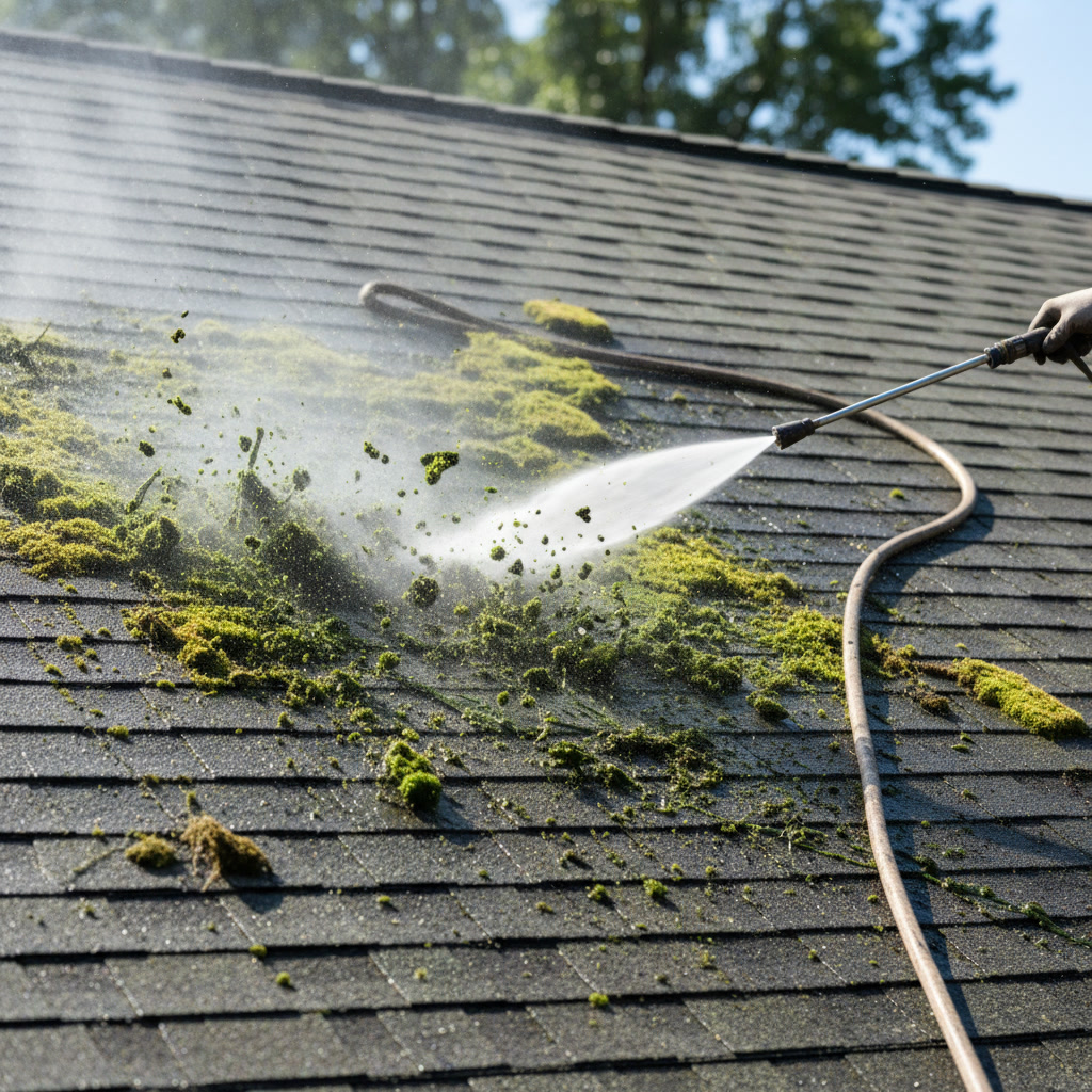 Professional technician performing soft washing roof moss algae removal on residential home in Patchogue NY