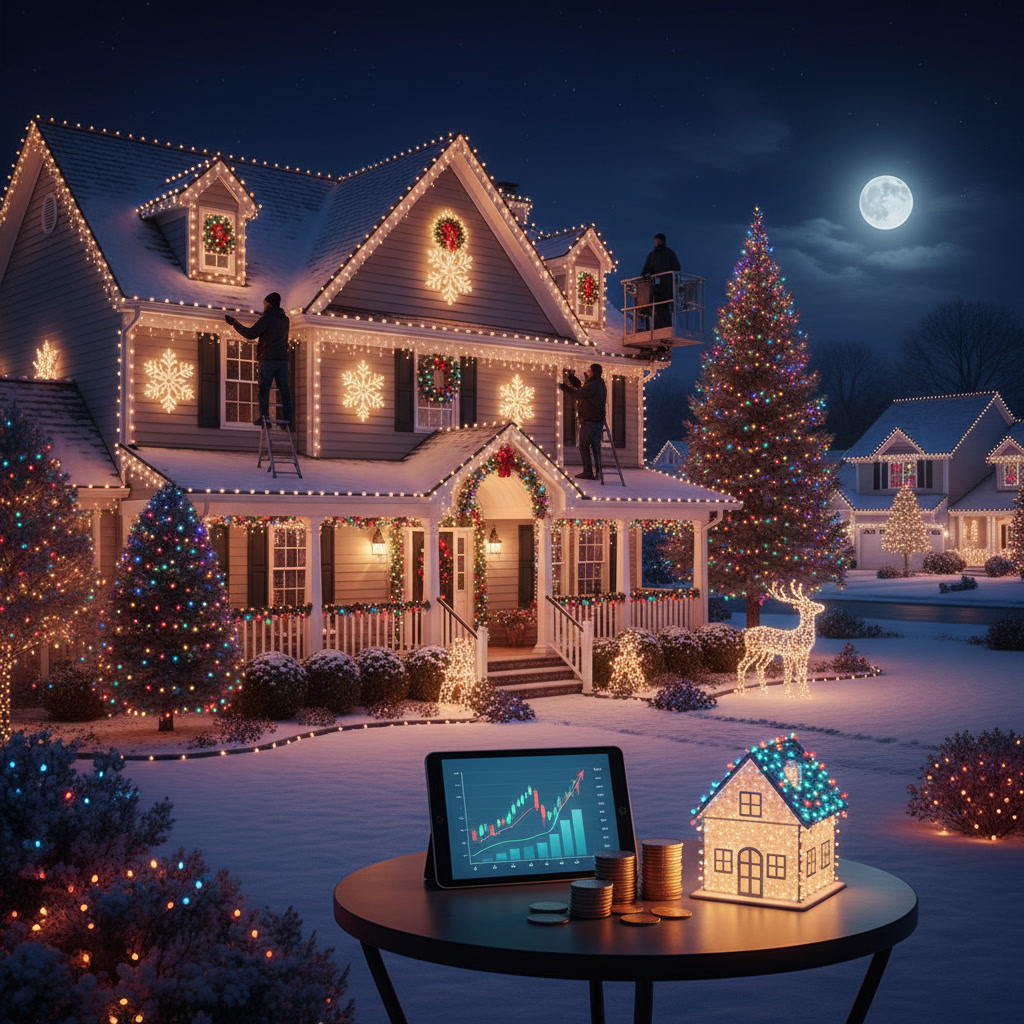 Professional Christmas light installation on a Medford NY home during the holiday season