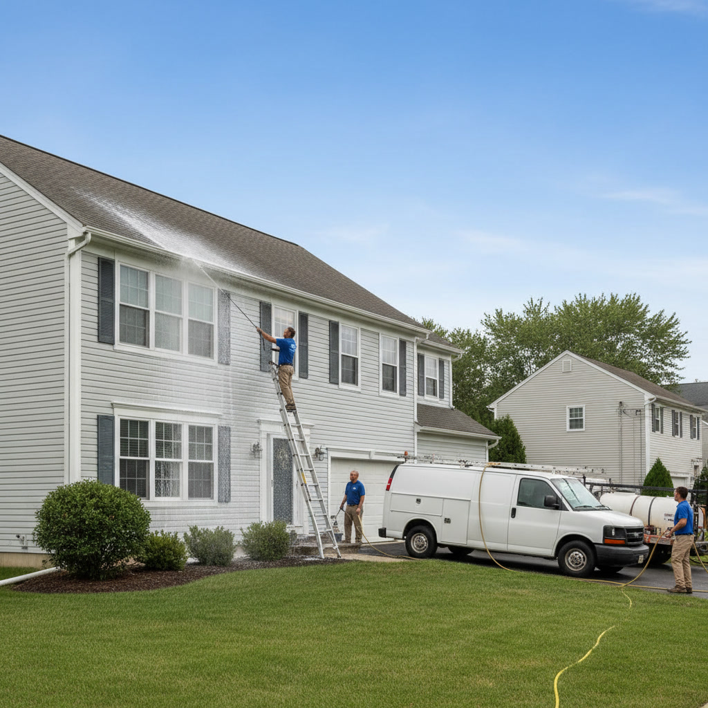 clean residential home exterior after professional soft washing service in East Patchogue NY