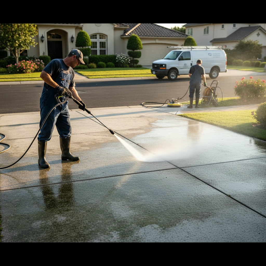 Professional pressure washing service being performed on residential home exterior