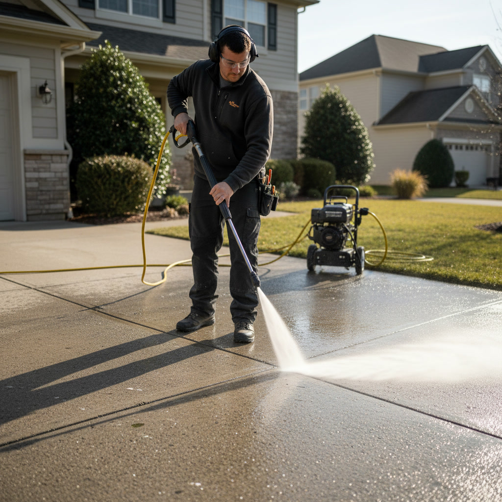 Pressure washing concrete driveway in Southampton revealing clean surface