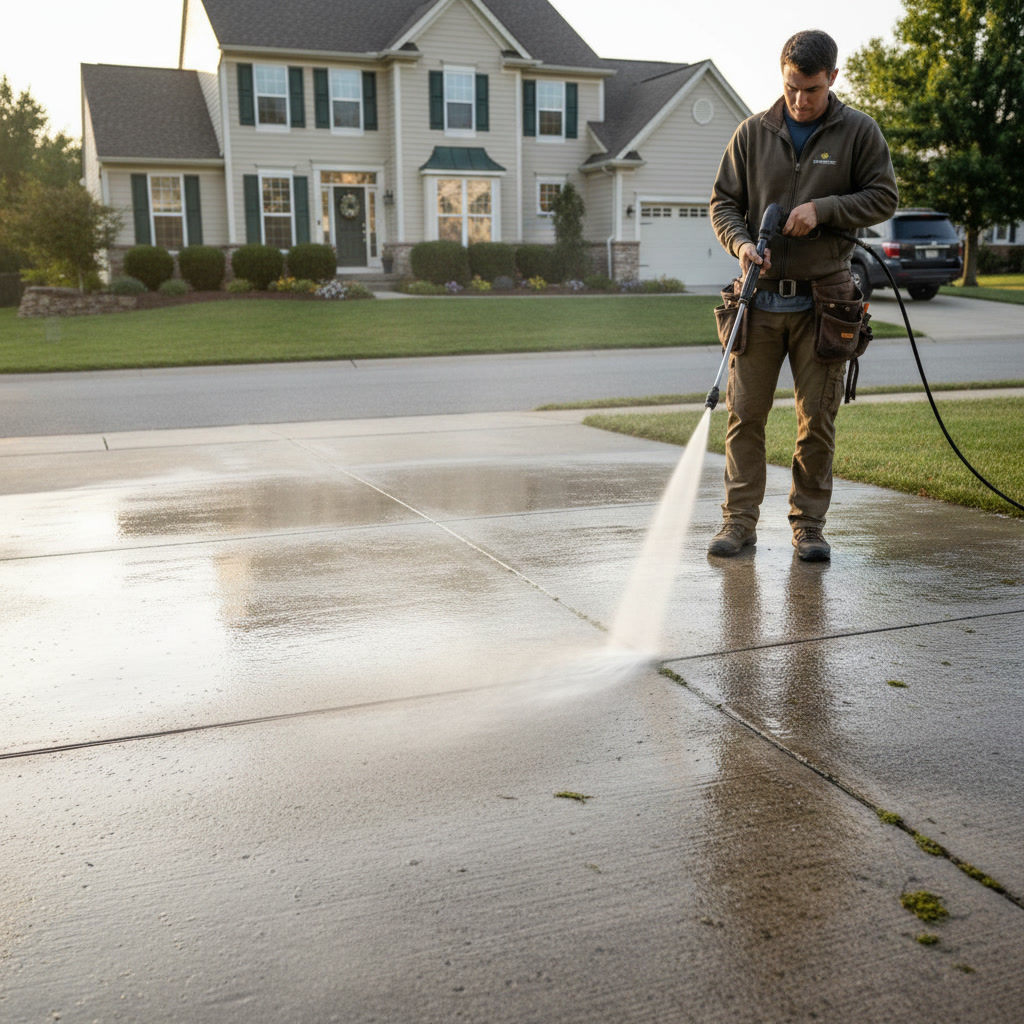 Pressure washing concrete driveway showing clean and dirty contrast in Smithtown