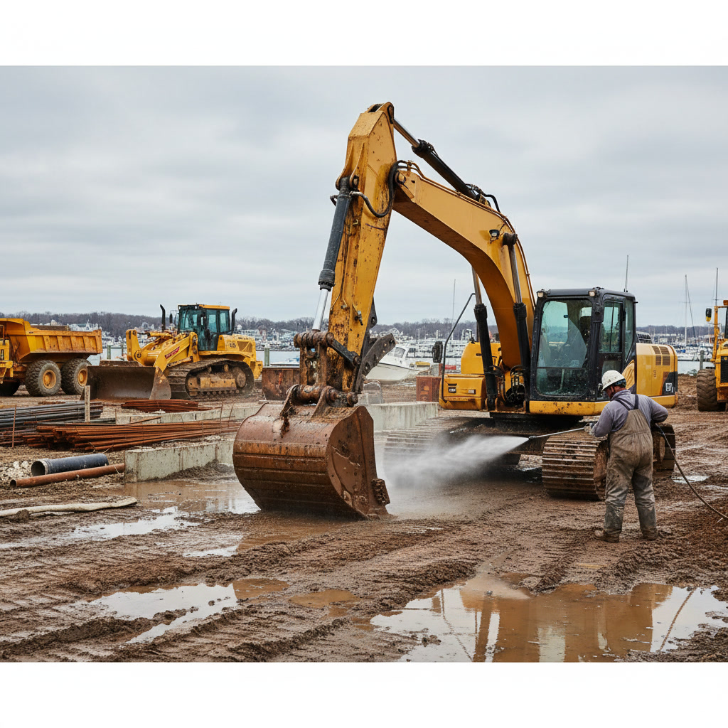 Construction excavator covered in mud and dirt showing corrosion risk