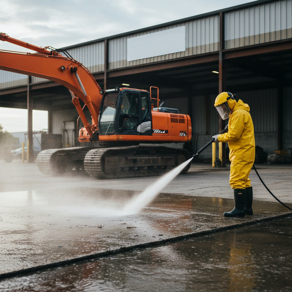 Professional technician pressure washing construction equipment with hot water system