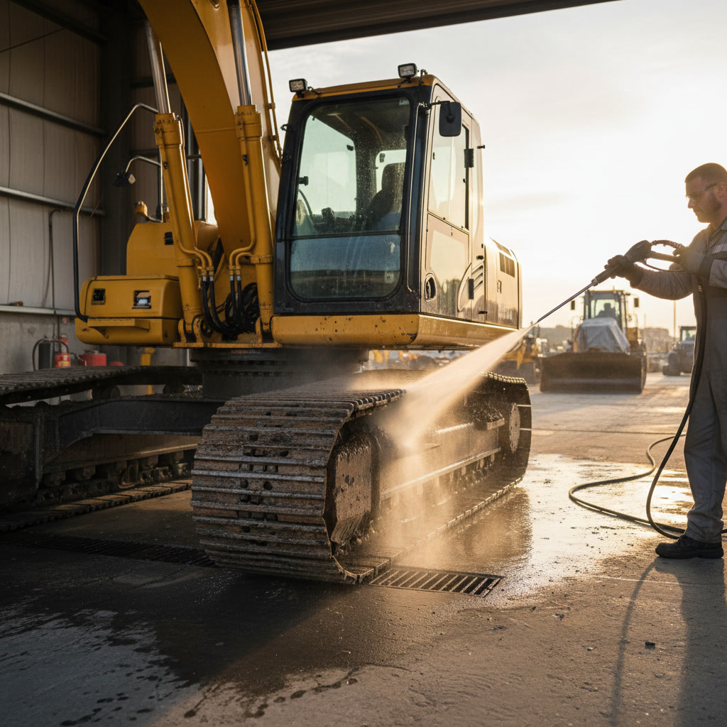 Professional pressure washing cleaning heavy construction equipment