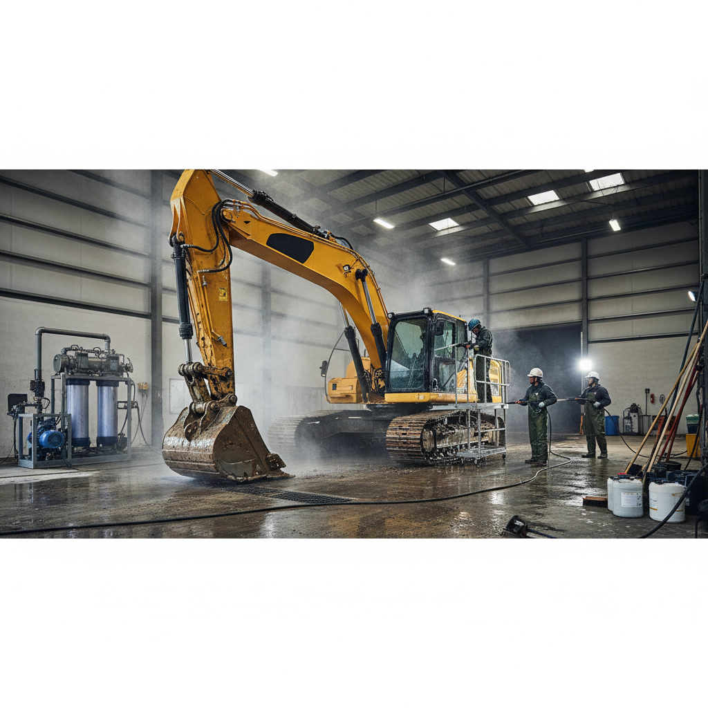 Professional heavy equipment cleaning service showing excavator being pressure washed