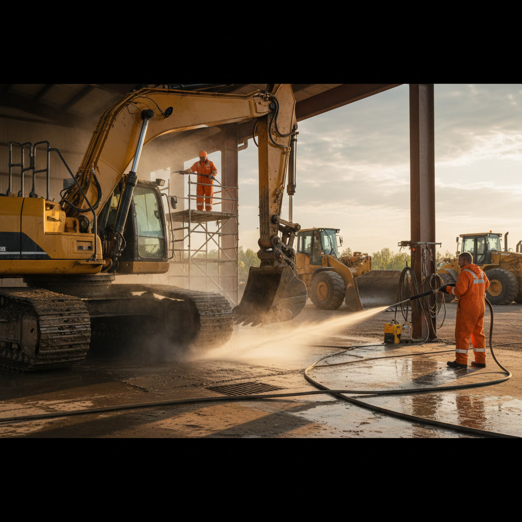 Heavy construction equipment being professionally cleaned to prevent rust and corrosion