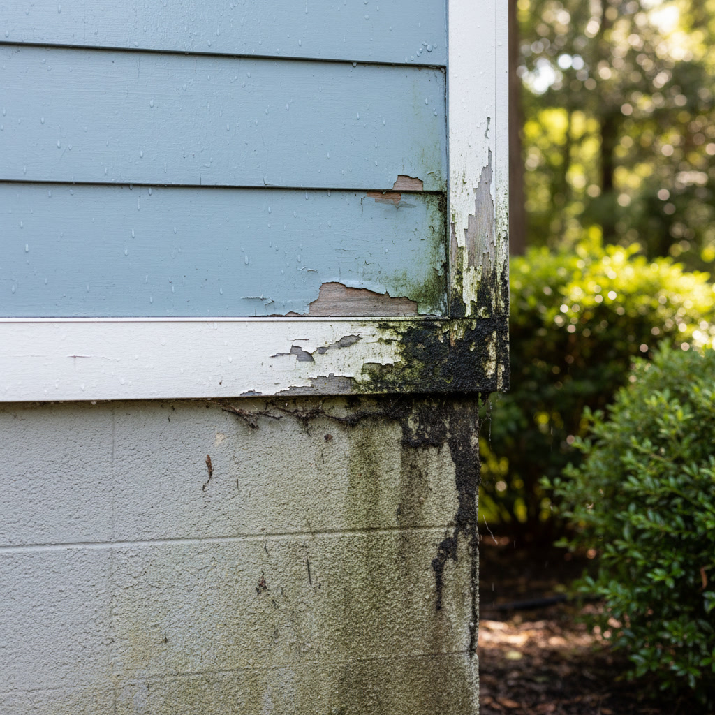 vinyl siding showing algae growth and dirt buildup that damages paint and finish