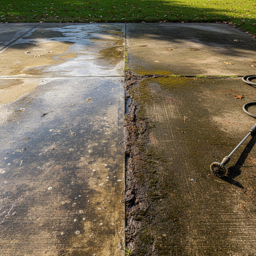 Professional pressure washing concrete driveway before sealing