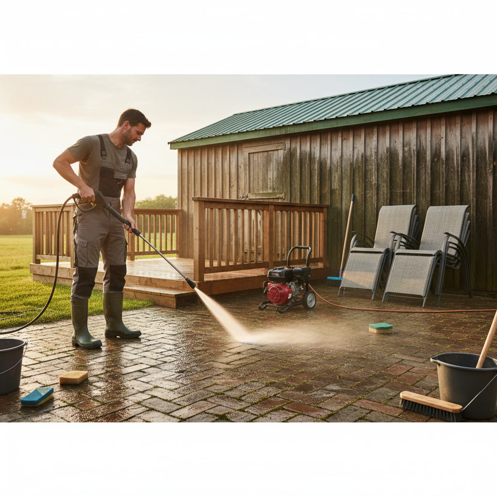Homeowner using consumer pressure washer on patio furniture and small deck
