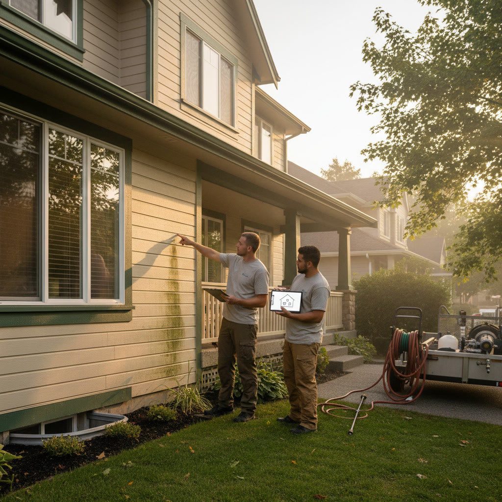 Technician inspecting vinyl siding before beginning exterior house washing
