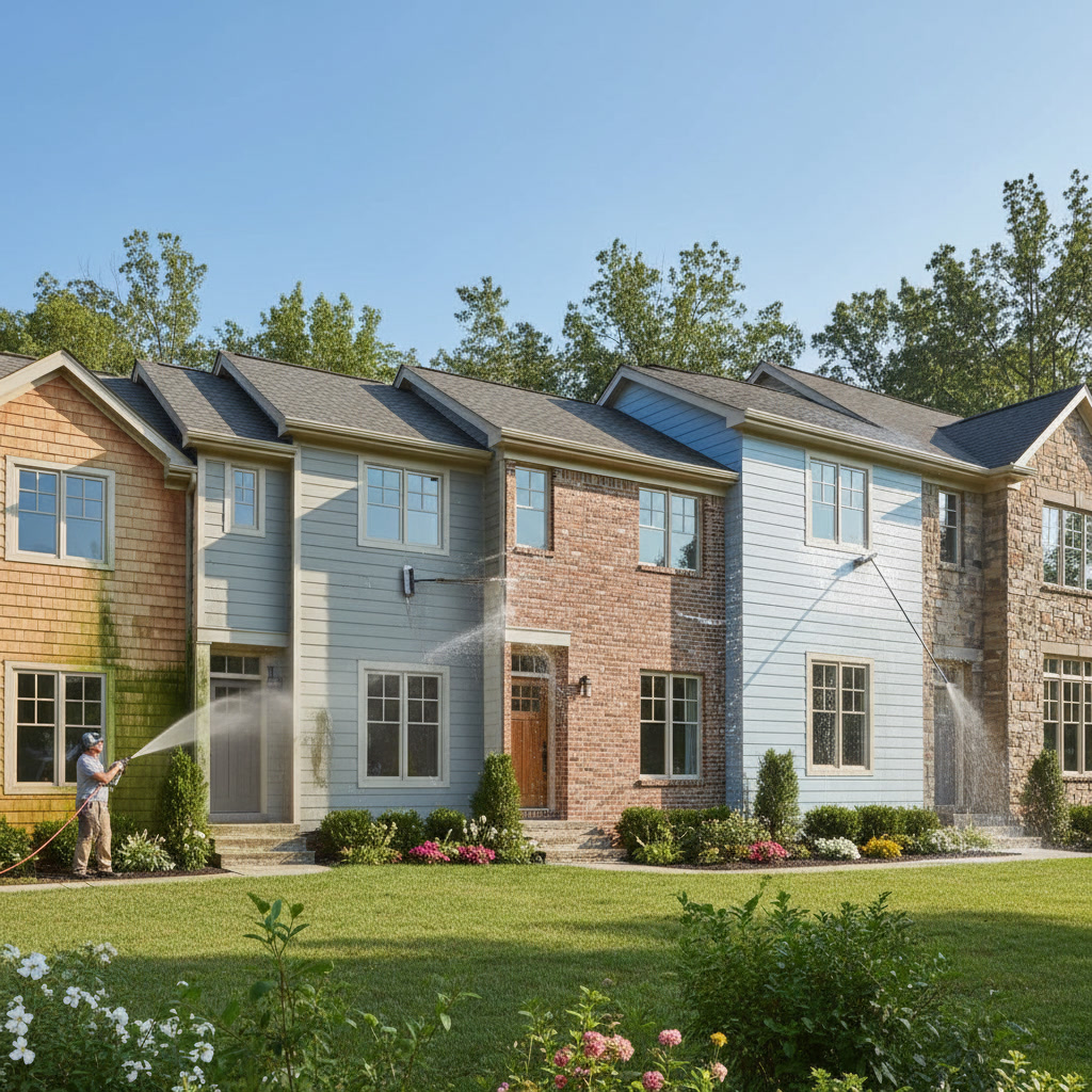 professional pressure washing equipment cleaning home exterior and removing years of buildup