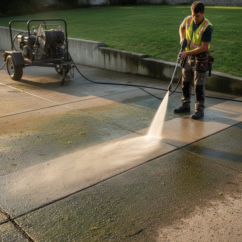 Professional surface cleaner removing deep concrete stains on large driveway
