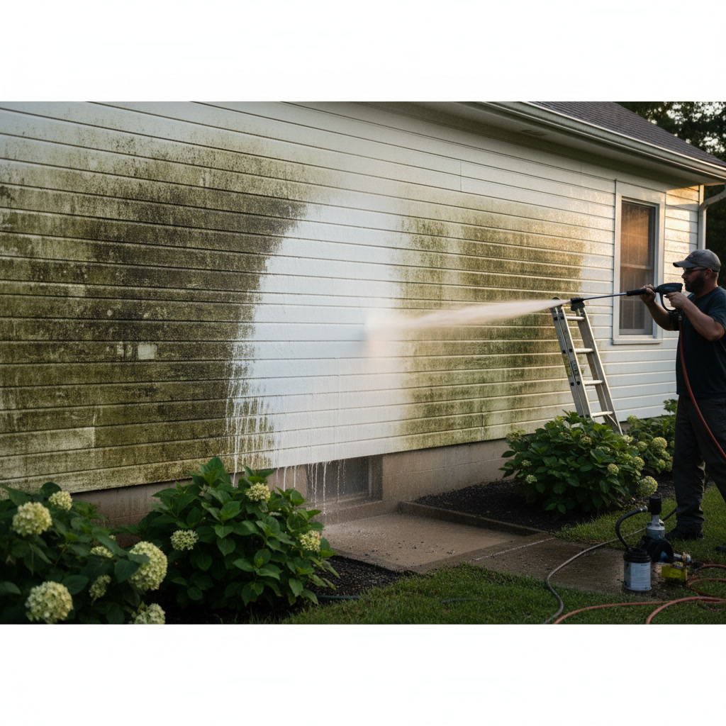 Professional pressure washing technician cleaning two-story home exterior