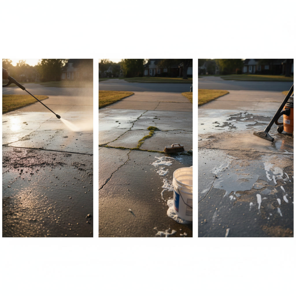 Sealed concrete driveway with proper cleaning preparation