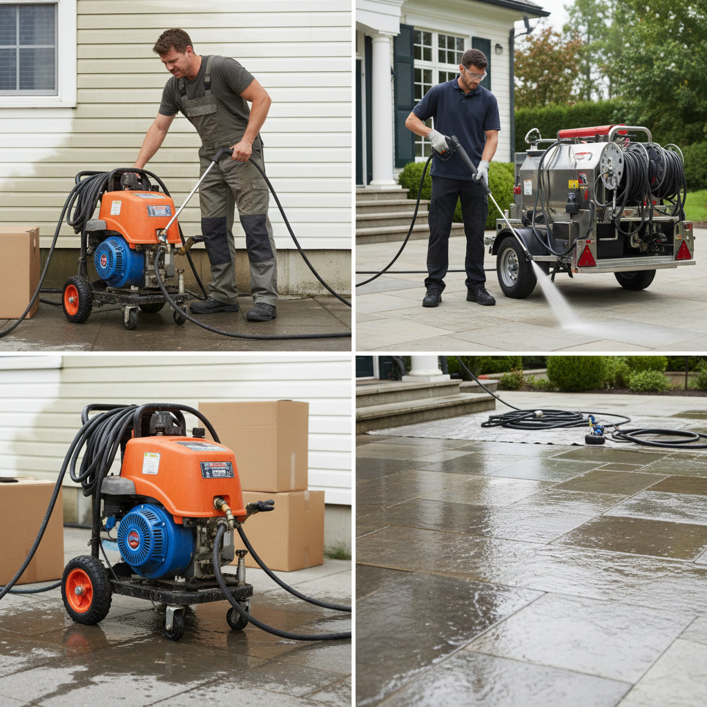 Commercial hot water pressure washer with surface cleaner attachment and professional grade hose