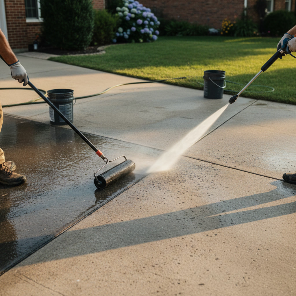 Concrete driveway being professionally cleaned before sealing application