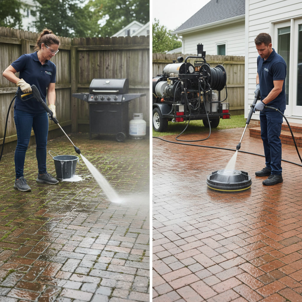 Professional pressure washing equipment compared to consumer grade power washer on residential driveway