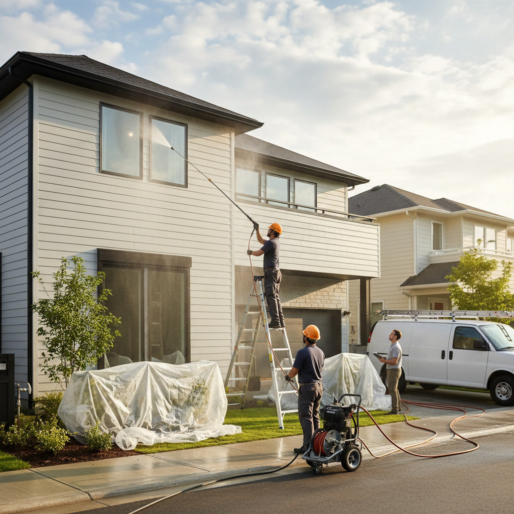 Professional technician performing exterior house washing on residential property